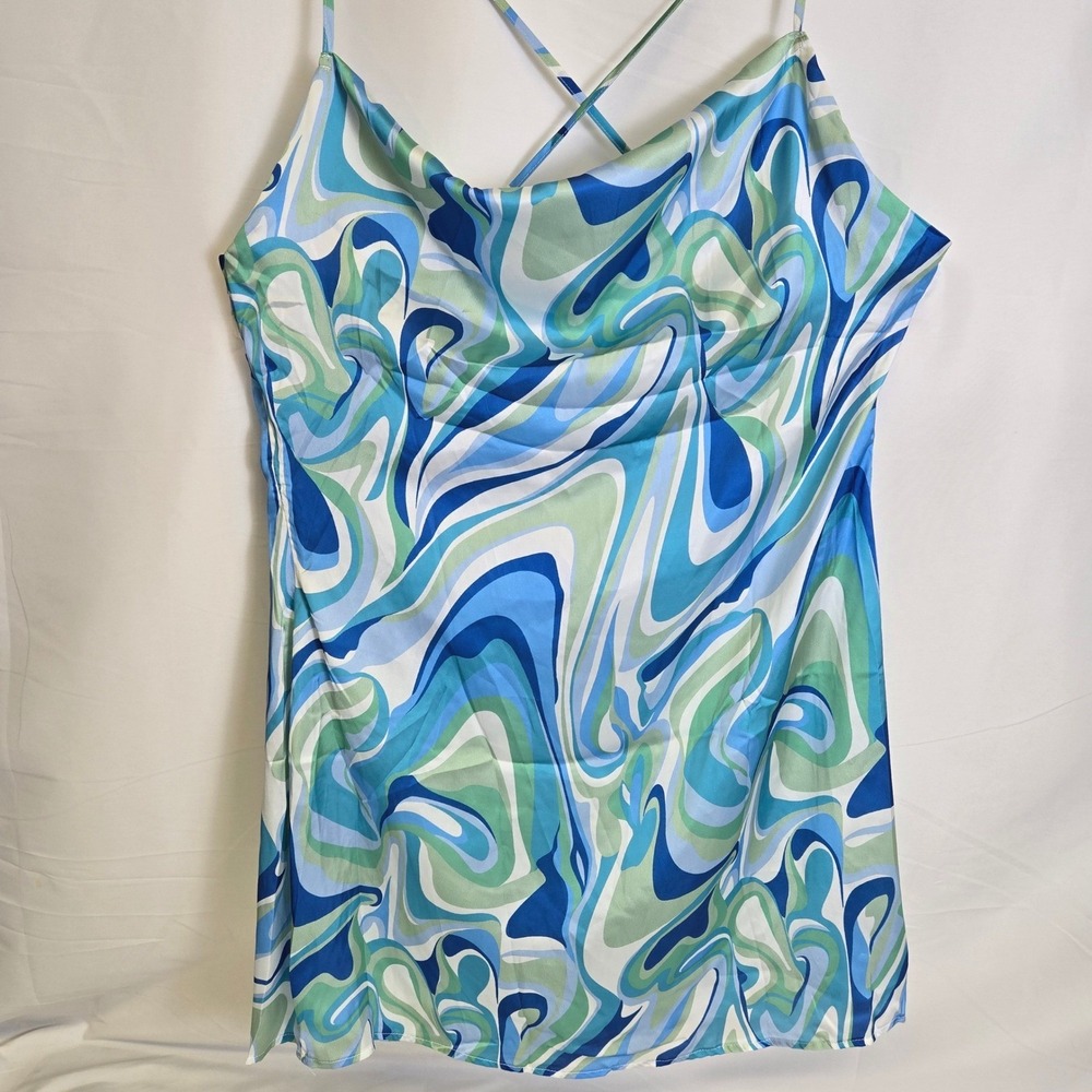 Cupshe Crystal Beach Row Drape Marble Crisscross Slip Dress, Blue Green, XL, New